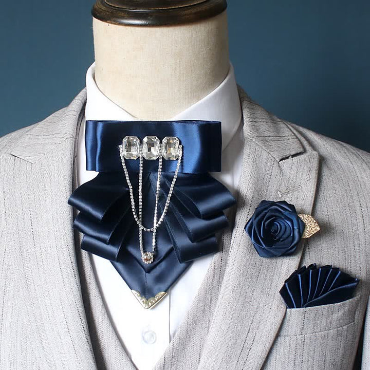 3pcs Exaggerated Rhinestone Flower Corsage Bow Tie Set - Navy - image 5