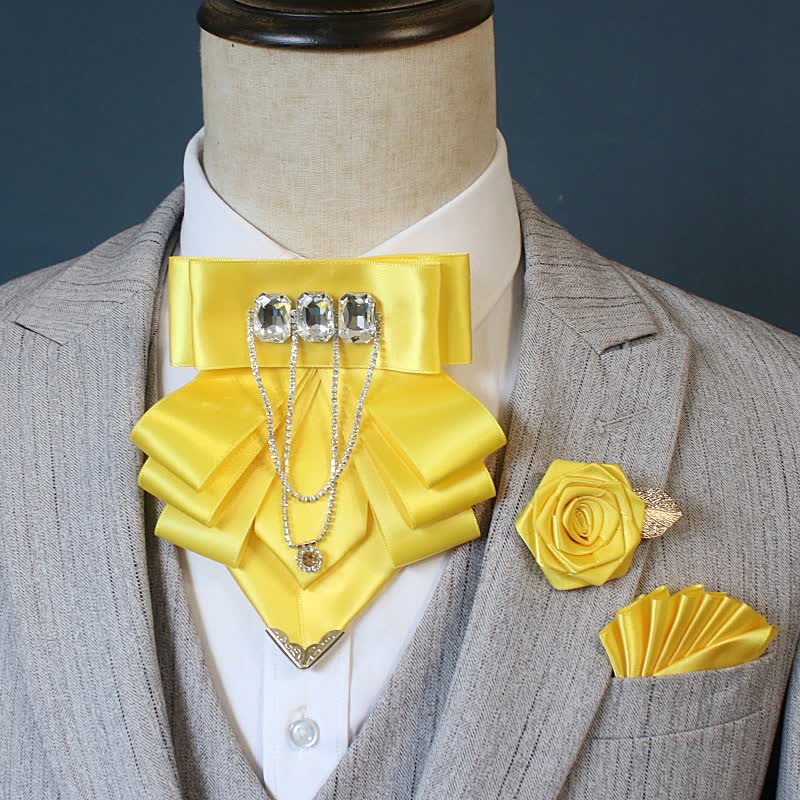 3pcs Exaggerated Rhinestone Flower Corsage Bow Tie Set - Yellow - image 8