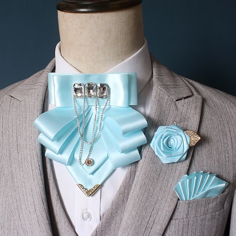 3pcs Exaggerated Rhinestone Flower Corsage Bow Tie Set - Sky Blue - image 4