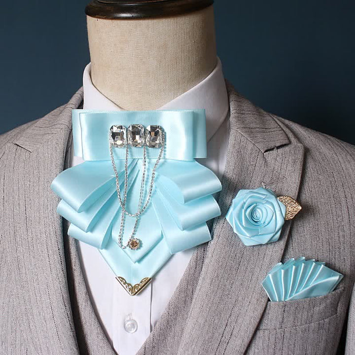3pcs Exaggerated Rhinestone Flower Corsage Bow Tie Set - Sky Blue - image 4