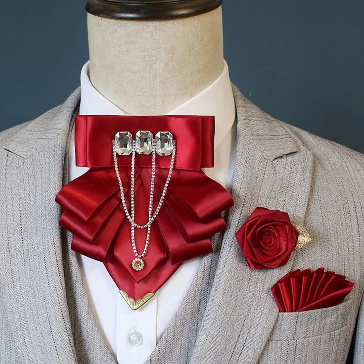3pcs Exaggerated Rhinestone Flower Corsage Bow Tie Set - Burgundy - image 6