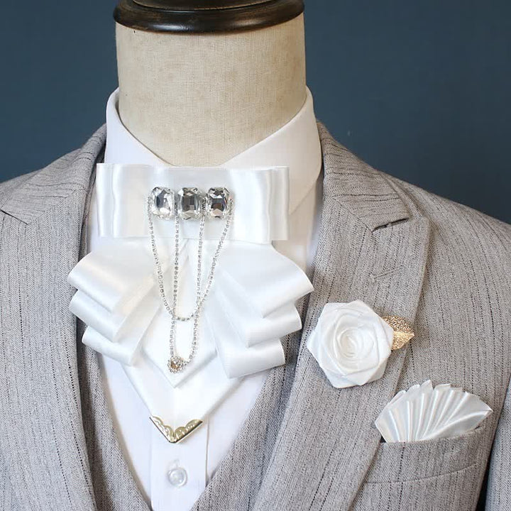 3pcs Exaggerated Rhinestone Flower Corsage Bow Tie Set - White - image 9