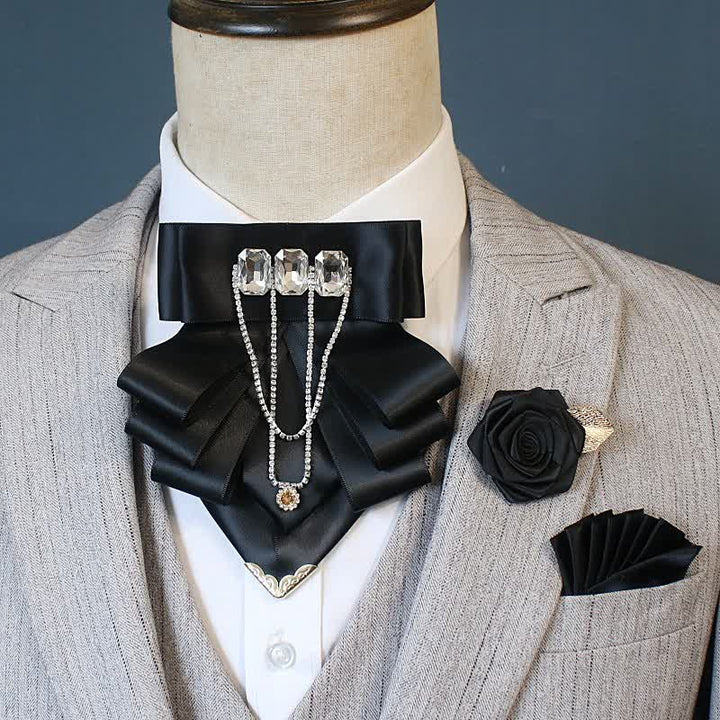 3pcs Exaggerated Rhinestone Flower Corsage Bow Tie Set - Black - image 1