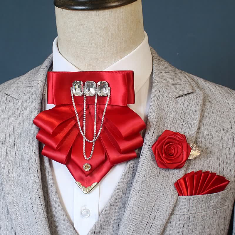 3pcs Exaggerated Rhinestone Flower Corsage Bow Tie Set - Red - image 7