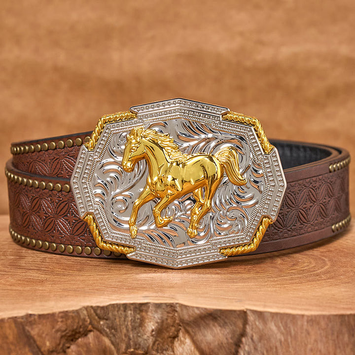 Men's Western Gold And Silver Relief Galloping Horse Buckle Leather Belt - Brown Rivet Belt - 42 - image 4