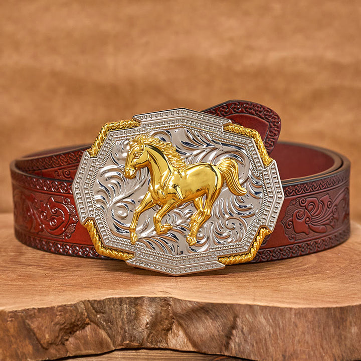 Men's Western Gold And Silver Relief Galloping Horse Buckle Leather Belt - Brown Carved Belt - 42 - image 6