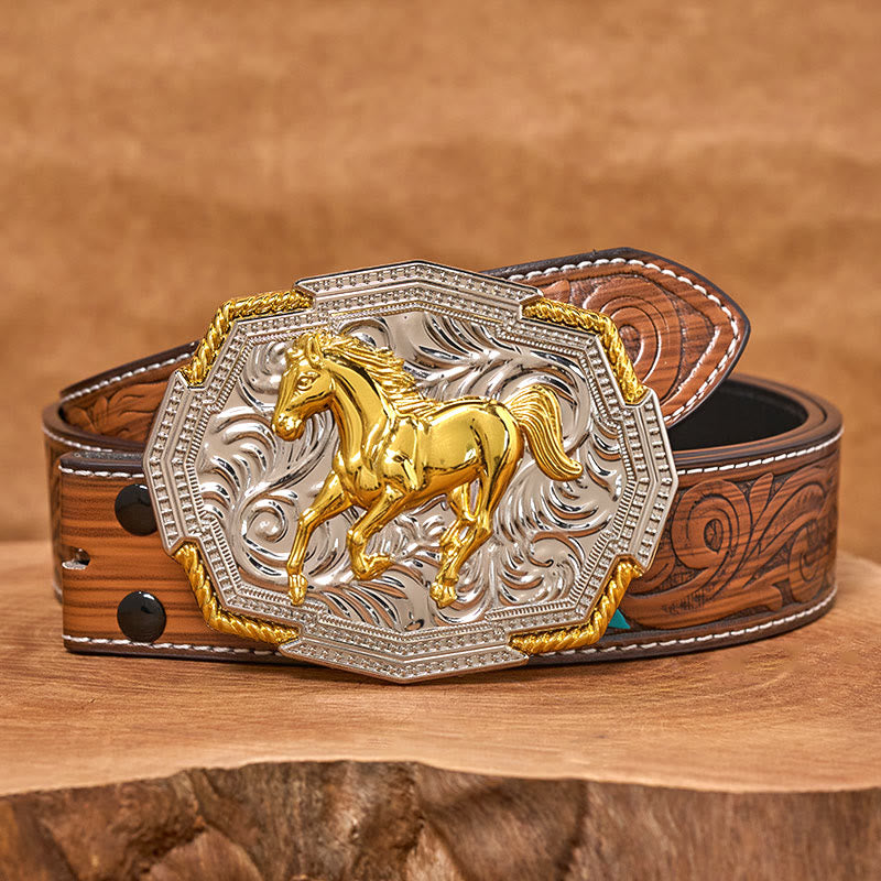 Men's Western Gold And Silver Relief Galloping Horse Buckle Leather Belt - Brown Feather Belt - 40 - image 7