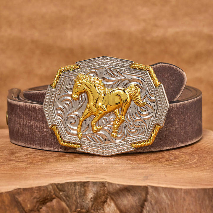 Men's Western Gold And Silver Relief Galloping Horse Buckle Leather Belt - Brown Distressed Belt - 42 - image 5