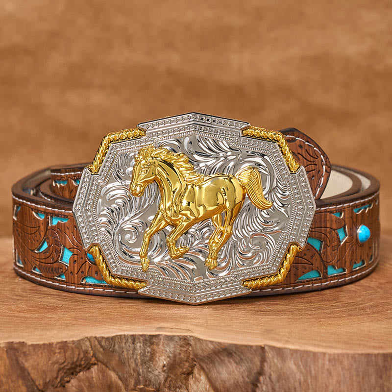 Men's Western Gold And Silver Relief Galloping Horse Buckle Leather Belt - Turquoise Carved Belt - 42 - image 3