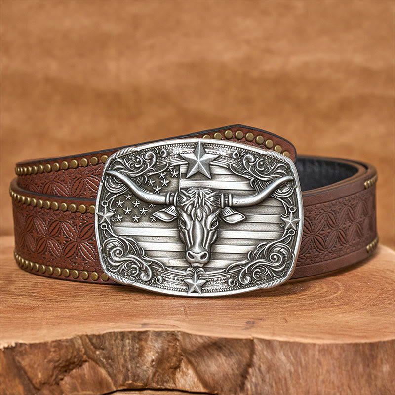 Men's Silver Vintage Star-striped Flag Longhorn bull Buckle Leather Belt - Brown Rivet Belt - 42 - image 4