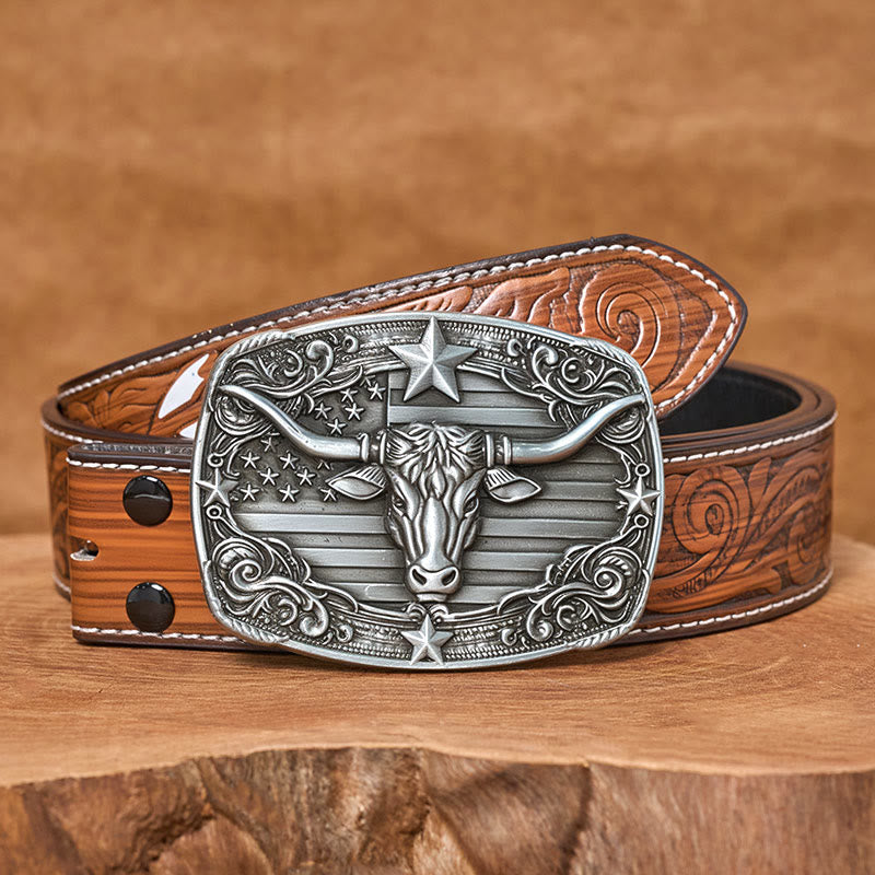Men's Silver Vintage Star-striped Flag Longhorn bull Buckle Leather Belt - Brown Feather Belt - 40 - image 7