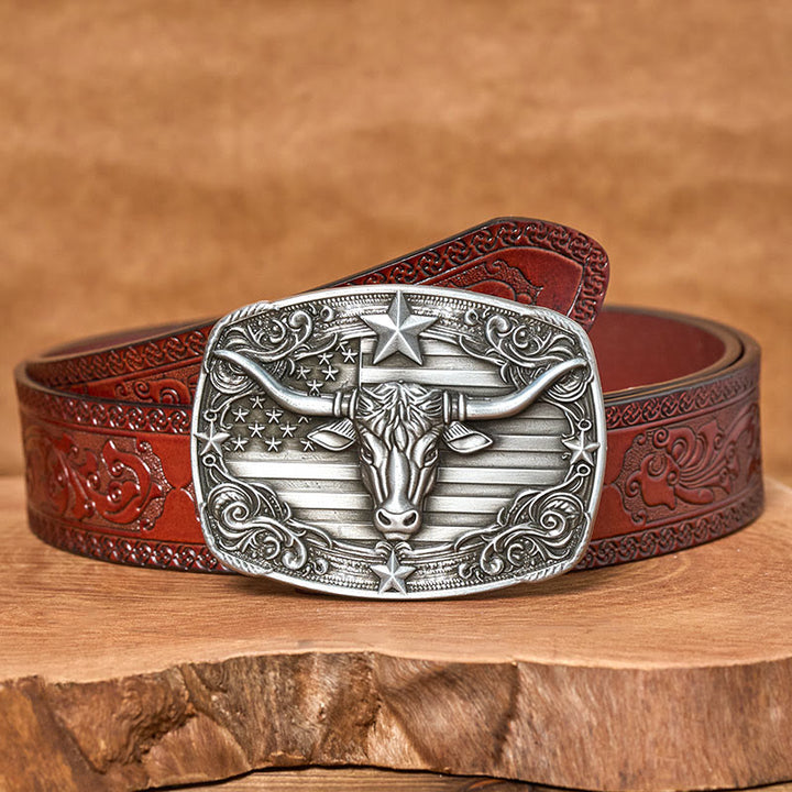 Men's Silver Vintage Star-striped Flag Longhorn bull Buckle Leather Belt - Brown Carved Belt - 42 - image 6