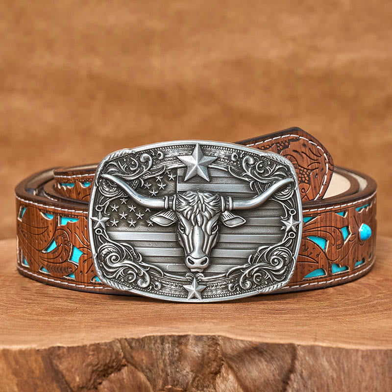 Men's Silver Vintage Star-striped Flag Longhorn bull Buckle Leather Belt - Turquoise Carved Belt - 42 - image 3