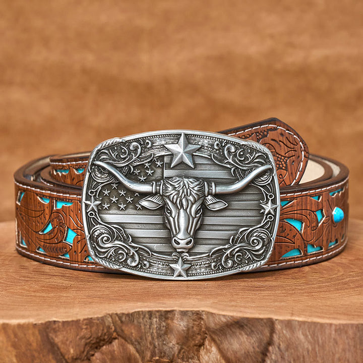 Men's Silver Vintage Star-striped Flag Longhorn bull Buckle Leather Belt - Turquoise Carved Belt - 42 - image 3