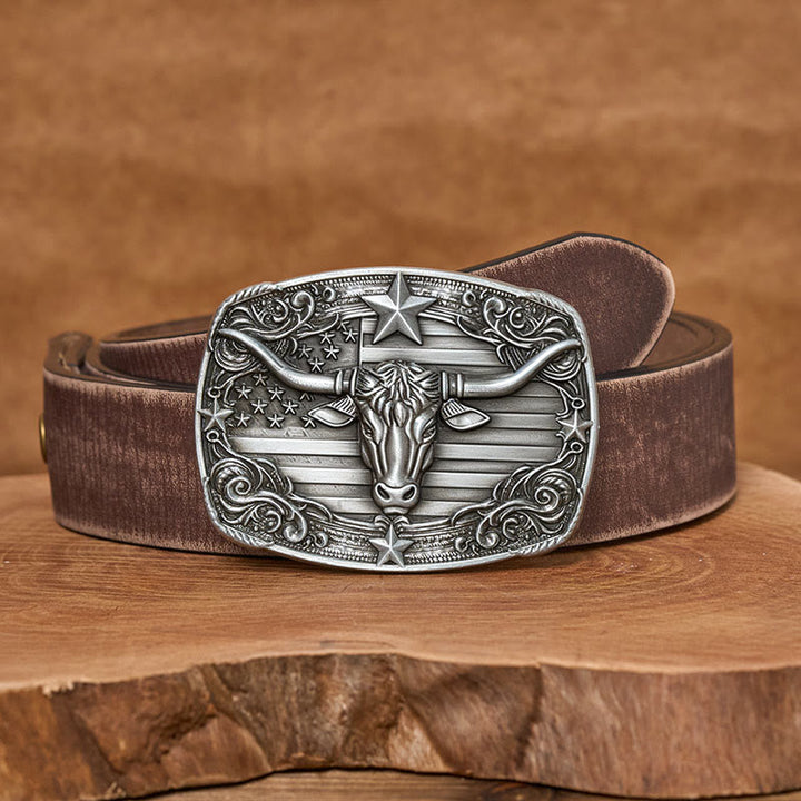 Men's Silver Vintage Star-striped Flag Longhorn bull Buckle Leather Belt - Brown Distressed Belt - 42 - image 5