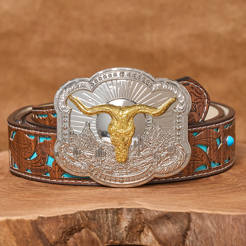 Men's Silver Western Desert Bullhead Relief Buckle Leather Belt - Golden - Turquoise Carved Belt - 42 - image 6