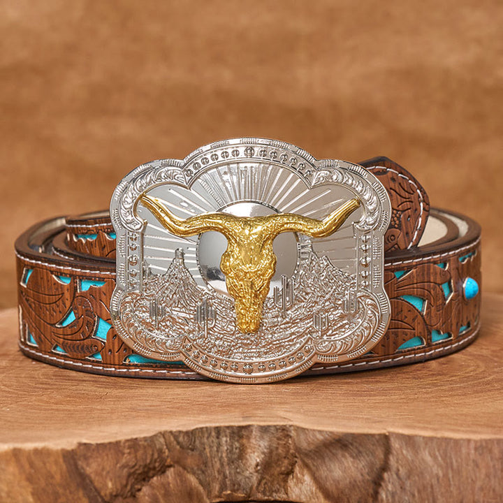 Men's Silver Western Desert Bullhead Relief Buckle Leather Belt - Golden - Turquoise Carved Belt - 42 - image 6