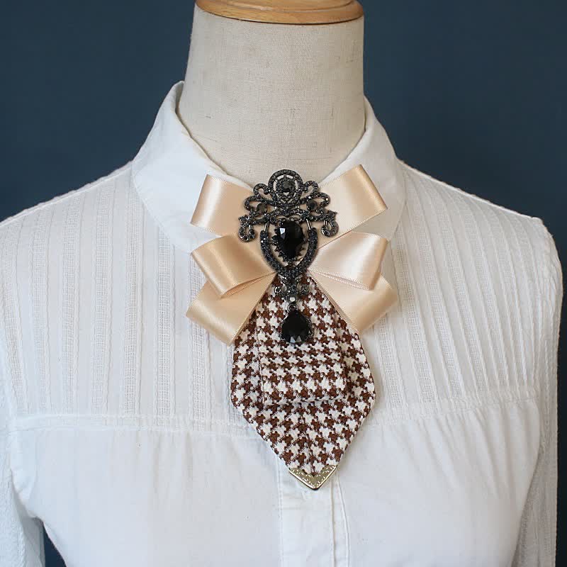Women's Ornate Crystal & Houndstooth Pattern Necktie - Champagne - image 2