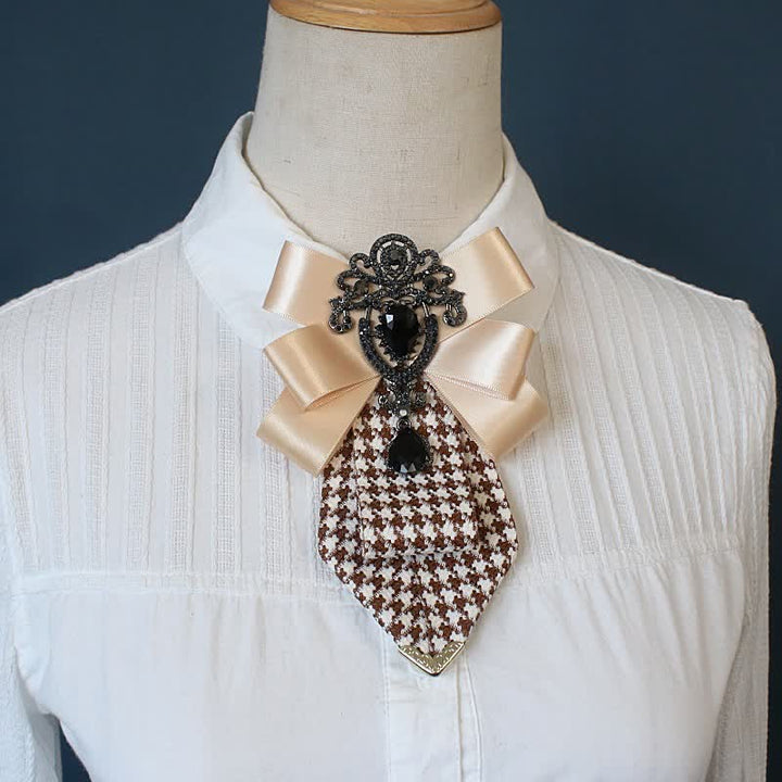 Women's Ornate Crystal & Houndstooth Pattern Necktie - Champagne - image 2