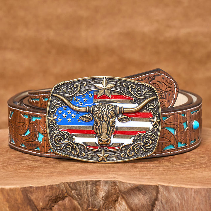 Men's Colorful Star-striped Flag Longhorn bull Buckle Leather Belt - Bronze - Turquoise Carved Belt - 42 - image 7