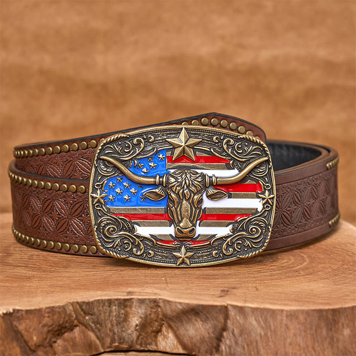 Men's Colorful Star-striped Flag Longhorn bull Buckle Leather Belt - Bronze - Brown Rivet Belt - 42 - image 9