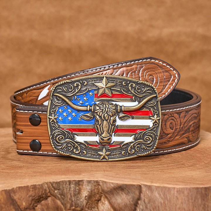 Men's Colorful Star-striped Flag Longhorn bull Buckle Leather Belt - Bronze - Brown Feather Belt - 40 - image 15
