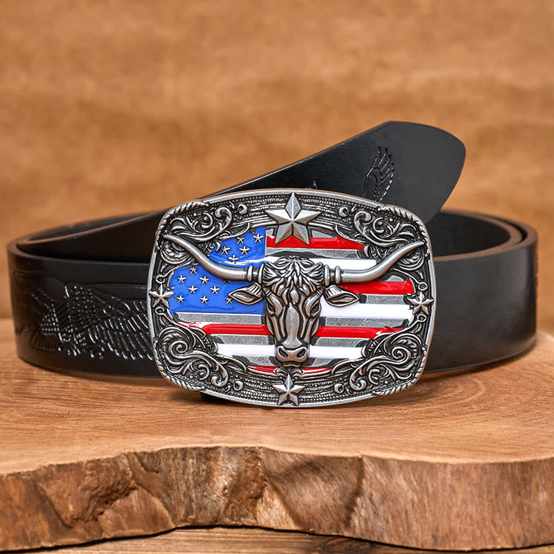Men's Colorful Star-striped Flag Longhorn bull Buckle Leather Belt - Silver - Black Embossed Eagle Belt - 42 - image 4