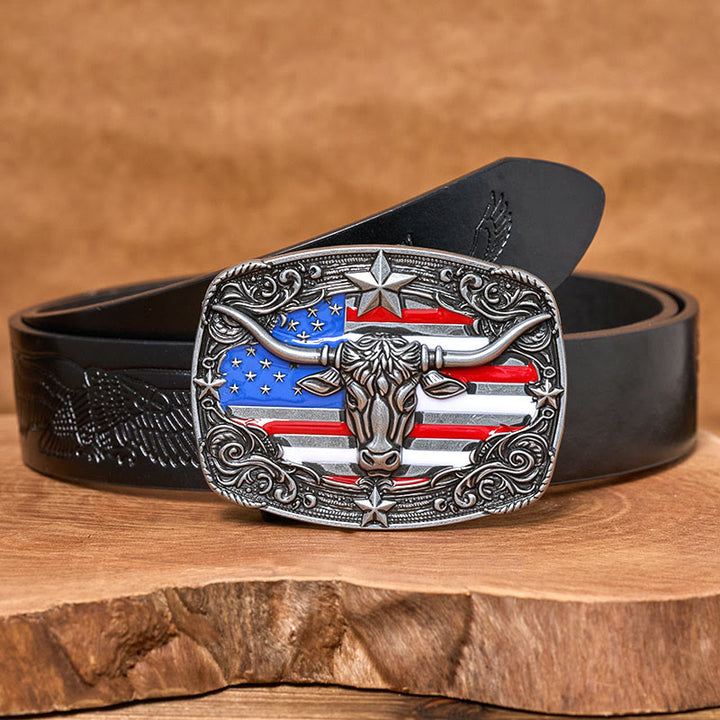 Men's Colorful Star-striped Flag Longhorn bull Buckle Leather Belt - Silver - Black Embossed Eagle Belt - 42 - image 4
