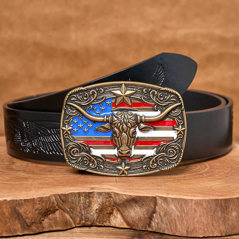 Men's Colorful Star-striped Flag Longhorn bull Buckle Leather Belt - Bronze - Black Embossed Eagle Belt - 42 - image 5