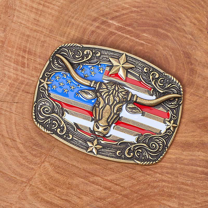 Men's Colorful Star-striped Flag Longhorn bull Buckle Leather Belt - image 3