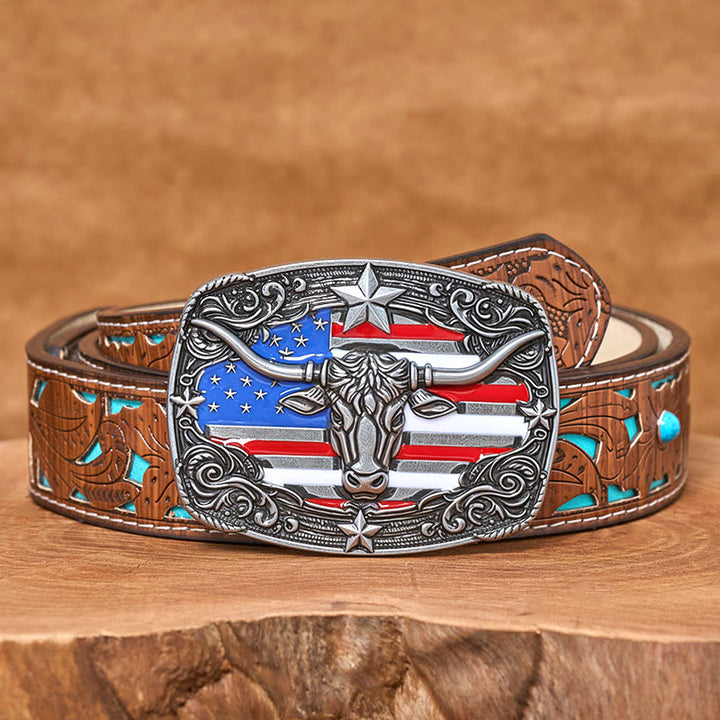Men's Colorful Star-striped Flag Longhorn bull Buckle Leather Belt - Silver - Turquoise Carved Belt - 42 - image 6