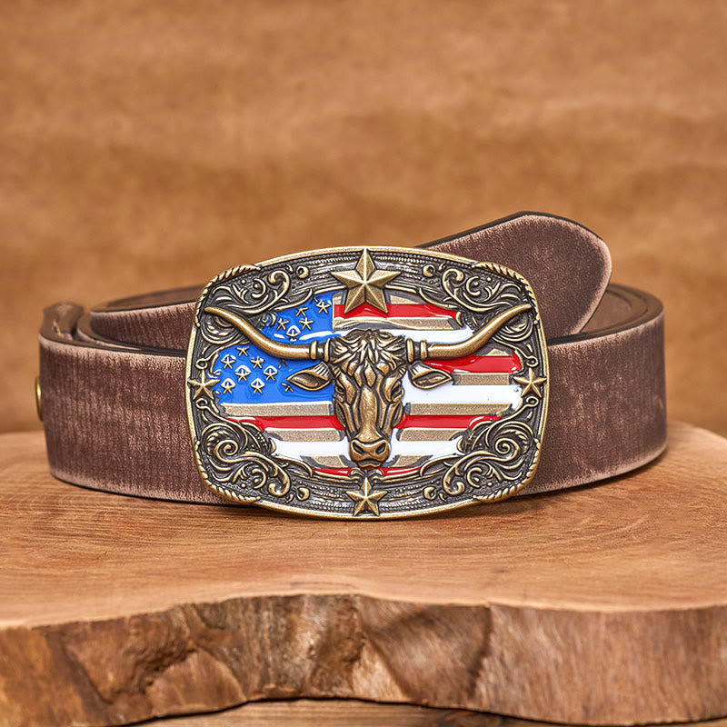 Men's Colorful Star-striped Flag Longhorn bull Buckle Leather Belt - Bronze - Brown Distressed Belt - 42 - image 11