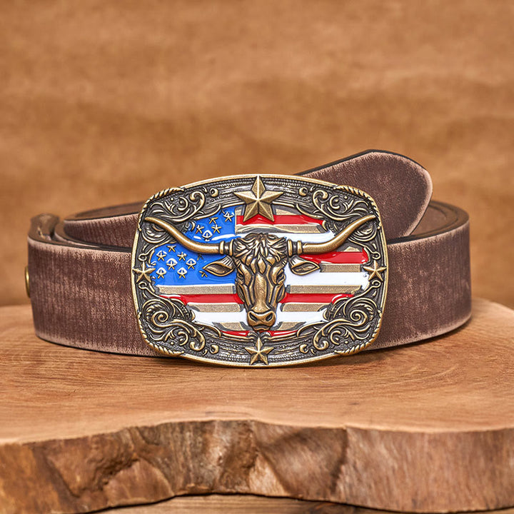 Men's Colorful Star-striped Flag Longhorn bull Buckle Leather Belt - Bronze - Brown Distressed Belt - 42 - image 11