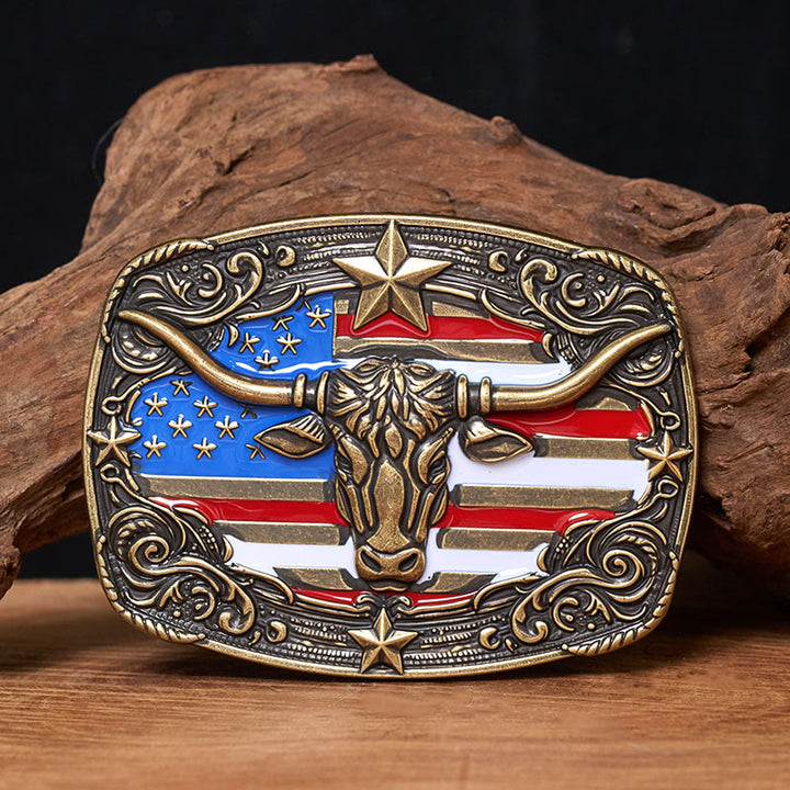 Men's Colorful Star-striped Flag Longhorn bull Buckle Leather Belt - Bronze - Without Belt - Not Included Belt - image 2