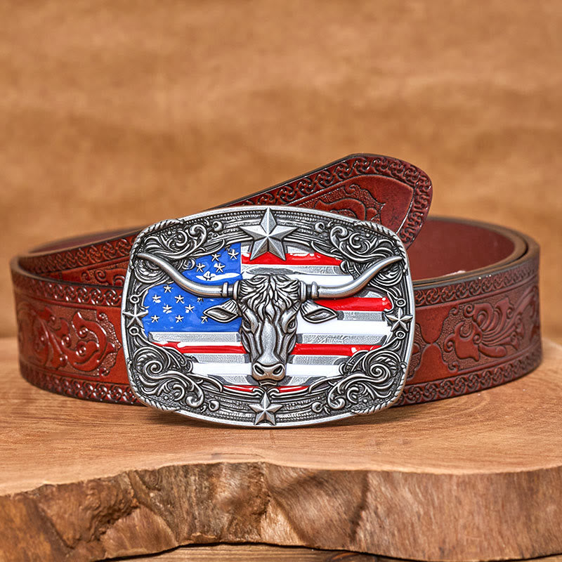 Men's Colorful Star-striped Flag Longhorn bull Buckle Leather Belt - Silver - Brown Carved Belt - 42 - image 12