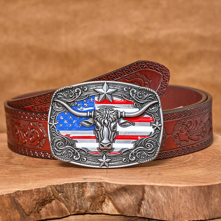 Men's Colorful Star-striped Flag Longhorn bull Buckle Leather Belt - Silver - Brown Carved Belt - 42 - image 12