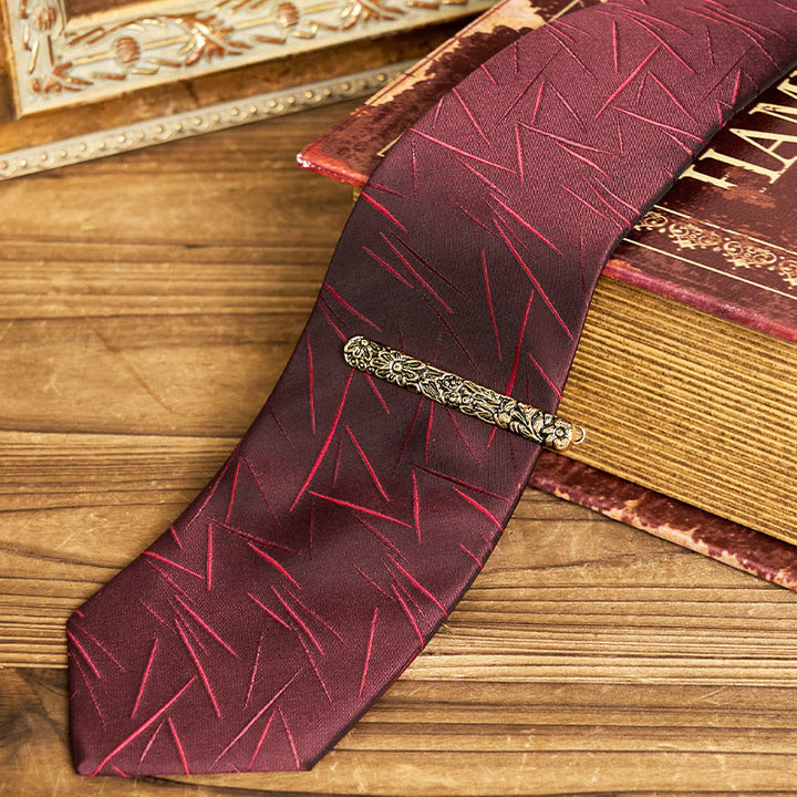 Men's Vintage Printed Necktie With Carved Tie Clip - image 11