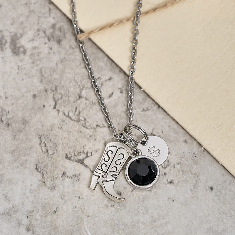 Western Cowboy Silver Boots With Letter Gemstone Pendant Necklace - Black - Z - image 1
