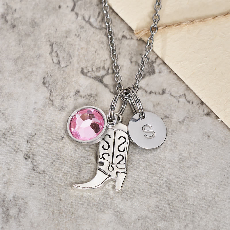 Western Cowboy Silver Boots With Letter Gemstone Pendant Necklace - Pink - Z - image 2