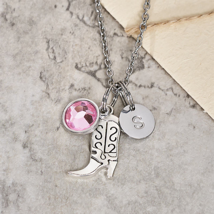 Western Cowboy Silver Boots With Letter Gemstone Pendant Necklace - Pink - Z - image 2