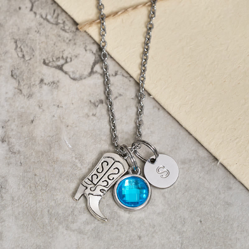 Western Cowboy Silver Boots With Letter Gemstone Pendant Necklace - Blue - Z - image 4