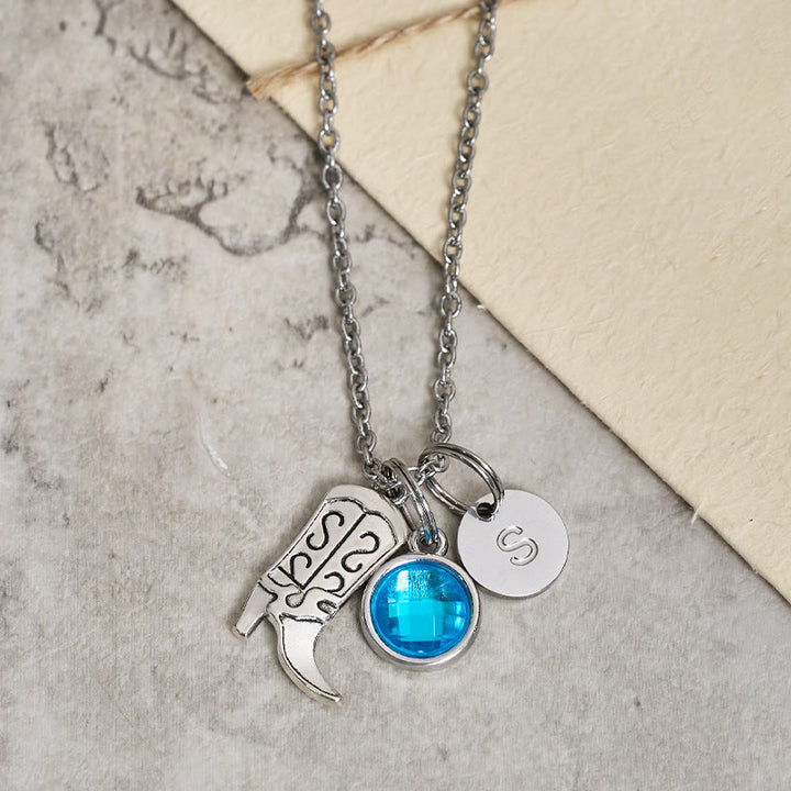 Western Cowboy Silver Boots With Letter Gemstone Pendant Necklace - Blue - Z - image 4