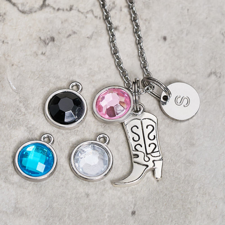 Western Cowboy Silver Boots With Letter Gemstone Pendant Necklace - image 0