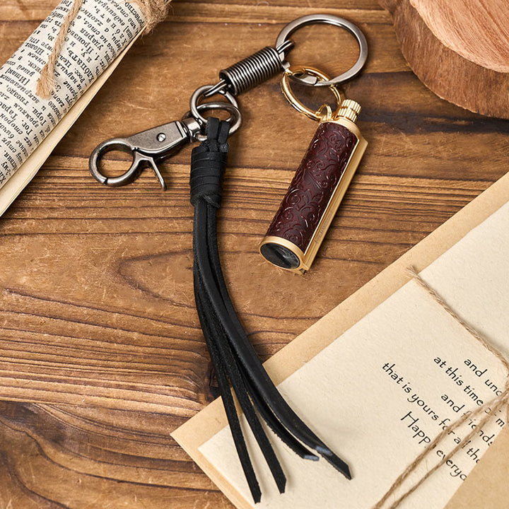 Vintage Tassel Pendant Keychain Carved Kerosene Lighter - Red Flower - Bronze - image 0