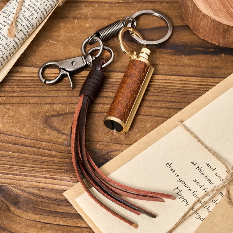 Vintage Tassel Pendant Keychain Carved Kerosene Lighter - Yellow - Bronze - image 4