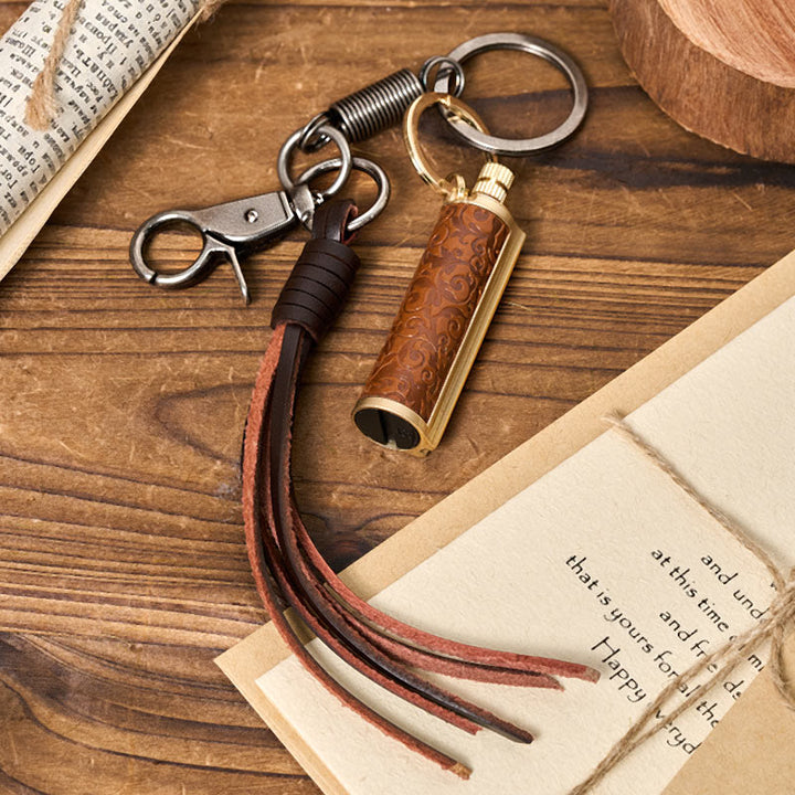 Vintage Tassel Pendant Keychain Carved Kerosene Lighter - Yellow - Bronze - image 4