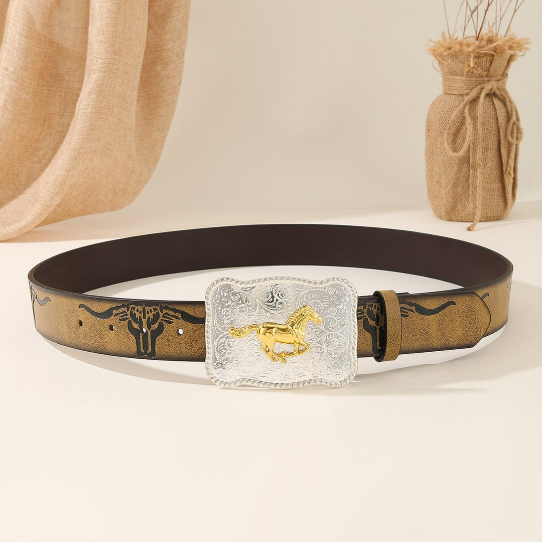 Western Golden Running Horse Silver Buckle Bullhead Embossed Belt - image 2