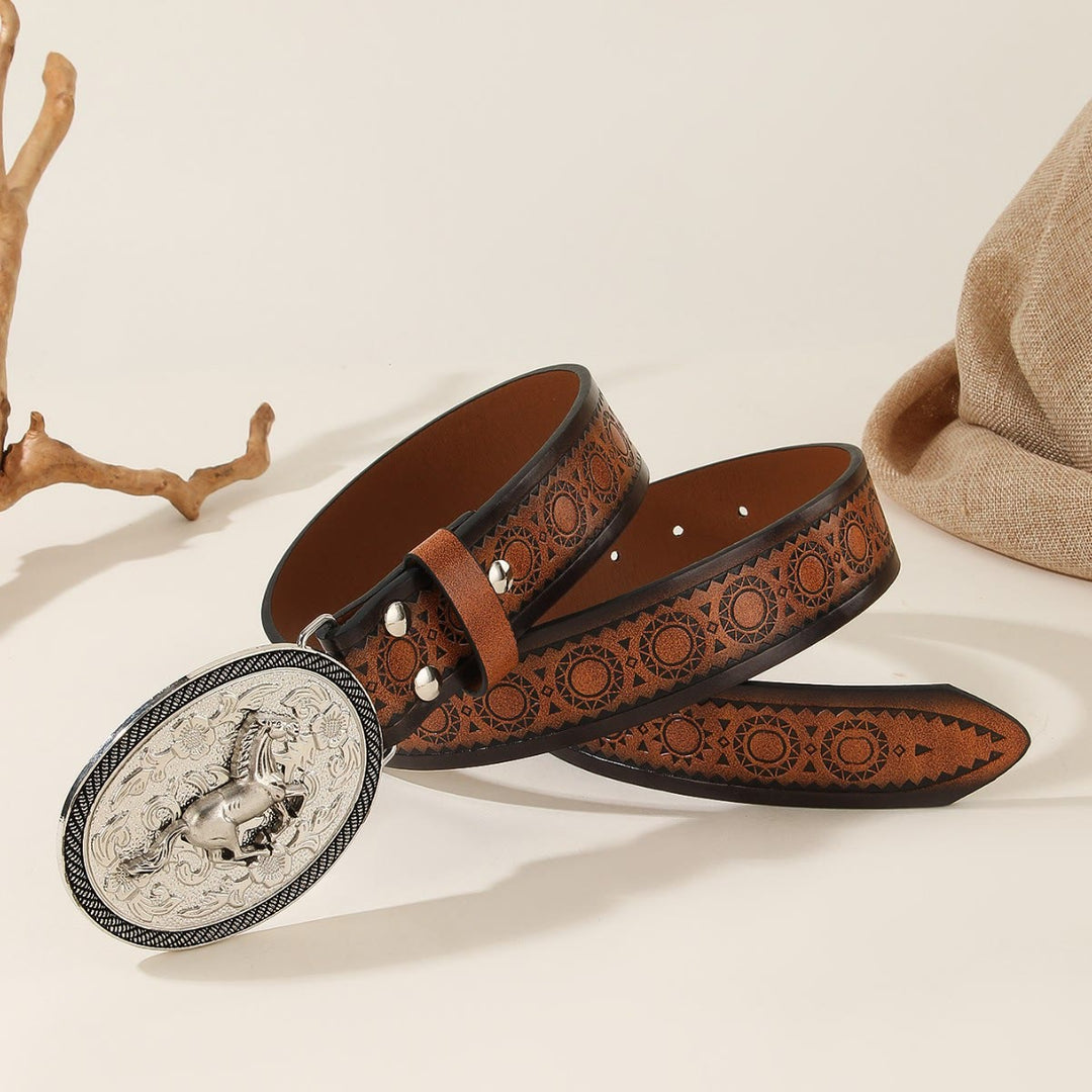 Men's Running Horse Silver Oval Buckle Embossed Leather Belt - image 3