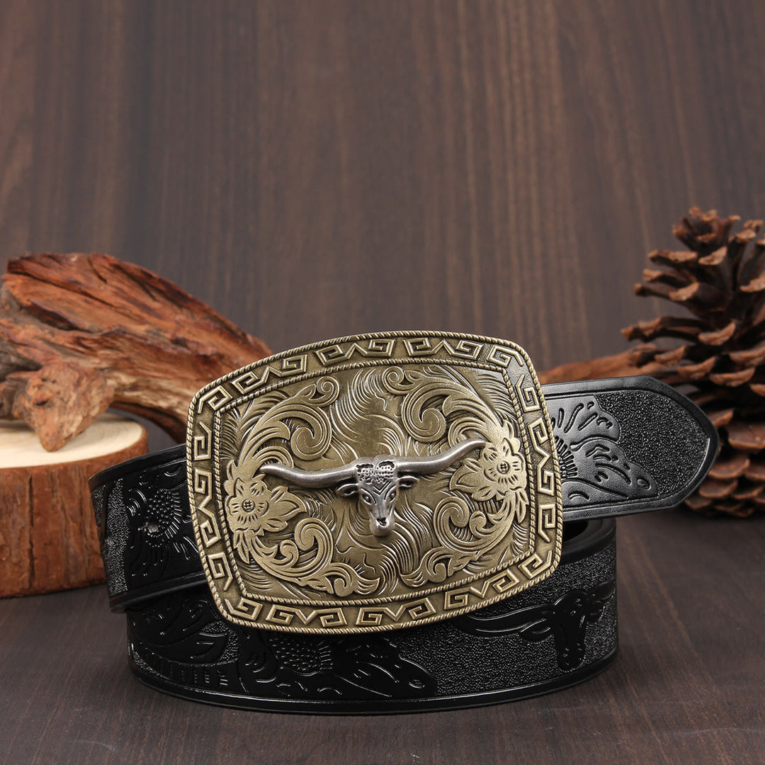 Vintage Bronze Longhorned Bullhead Buckle Embossed Leather Belt - Style #1 - 40 - image 0
