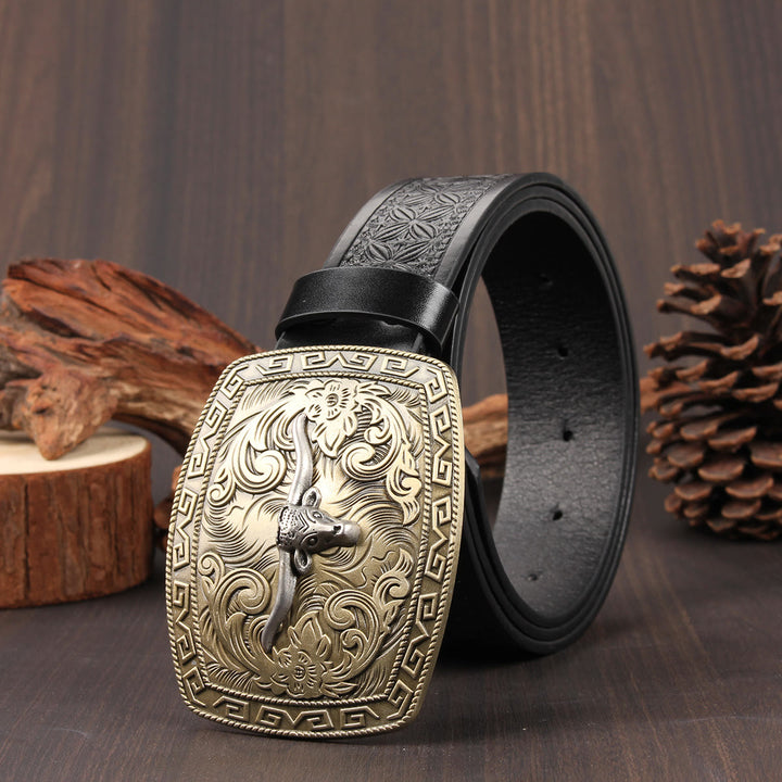 Vintage Bronze Longhorned Bullhead Buckle Embossed Leather Belt - Style #2 - 40 - image 1